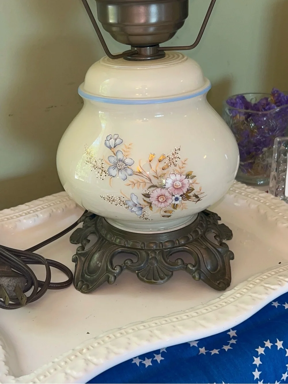 Vintage Gone with Wind Style Hurricane Lamp handpainted floral motif 3 Way Light